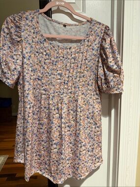 Women's Floral Puff-Sleeve Pintuck Blouse - Cream, Blue & Pink